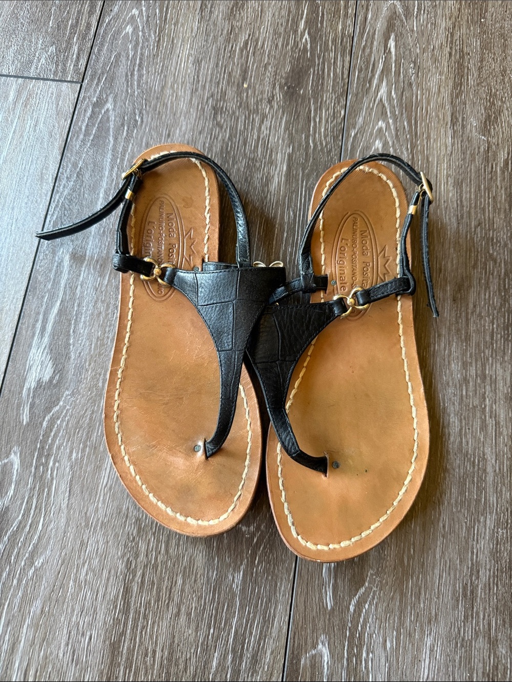 Moda Positano Italian Black T-Strap Sandals with Tan Footbed